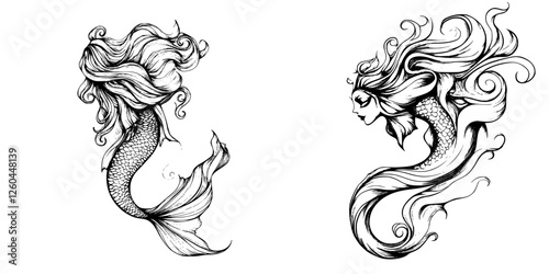 Intricate black and white illustrations of two graceful mermaids with flowing hair and elegant tails