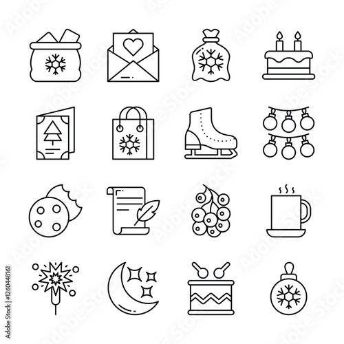 This set of icons depicts various winter holiday elements, including gifts, decorations, treats, and activities