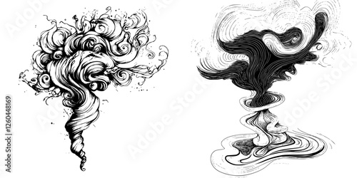 Abstract swirling forms resembling faces and hair created with intricate line work