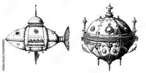 Vintage submarine designs showcasing intricate details and craftsmanship from a historical perspective