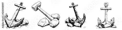 Anchors resting on rocks, portrayed in detailed line art with varied designs and textures, emphasizing nautical themes