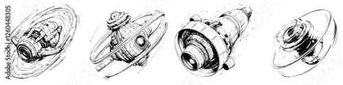 Spacecraft designs illustrating various propulsion systems in a futuristic setting