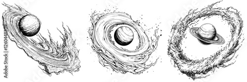 Cosmic art showcasing three unique planets surrounded by swirling patterns and dynamic energy