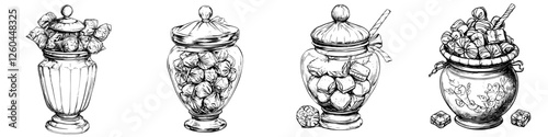Variety of decorative jars filled with assorted candies displayed on a white background