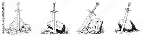 Various illustrations of a sword embedded in a rock, symbolizing strength and challenge in a mythical setting