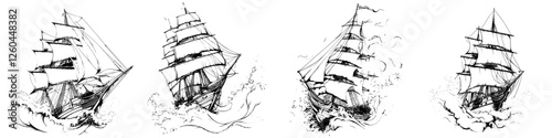 Curved sails catch the wind on multiple historic ships sailing through choppy waters in a vintage illustration