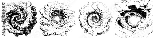 Swirling cloud formations captured in black and white illustrations showcasing different spiral patterns
