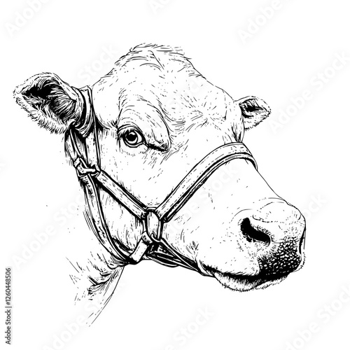 Detailed sketch of a cow with a halter, capturing the animal's features and expressions in a rustic style