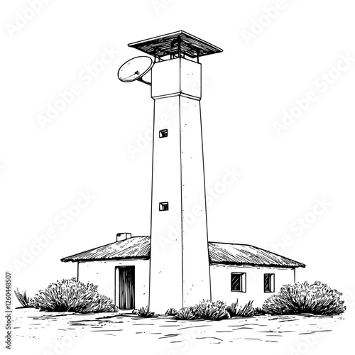 Historic watchtower stands next to a small adobe building in a rural setting under a clear blue sky