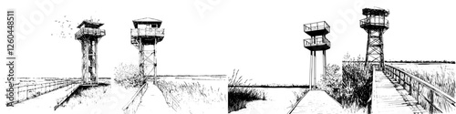 Drawings of observation towers in a natural landscape along a winding path during a clear day