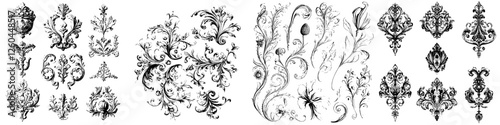 Intricate black and white decorative floral designs featuring various ornamental patterns for artistic inspiration