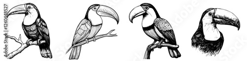 Various toucans perched on branches showcasing their unique features and vibrant beaks against a simplistic background
