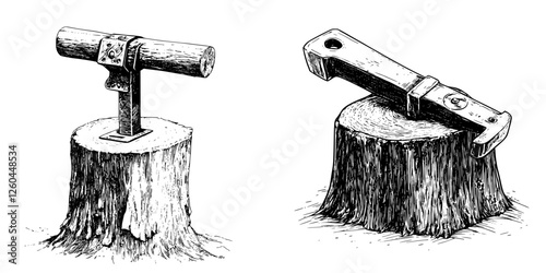 Tools for traditional wood crafting displayed on tree stumps in a rustic setting during daylight hours