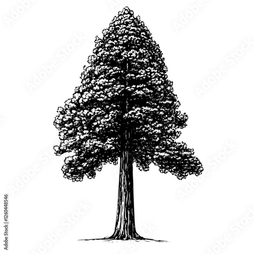 Beautifully detailed illustration of a majestic conifer tree in a classic black and white style