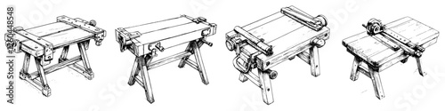 Various styles of woodworking benches showcasing craftsmanship and design from different periods