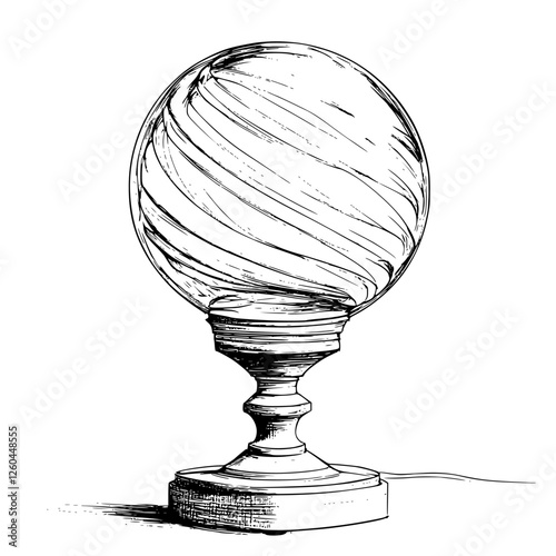 Vintage lamp design featuring a swirling glass globe on an elegant wooden base with a power cord