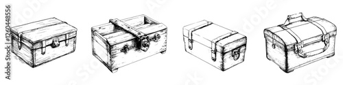 Hand-drawn sketches of vintage wooden boxes with various designs and styles created in an artistic, minimalist manner