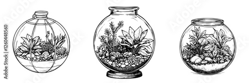 Beautiful terrariums showcasing diverse plants and natural elements in glass containers for home decoration and gardening