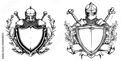 Detailed illustrations of medieval shields and armor showcasing traditional knightly symbols and designs