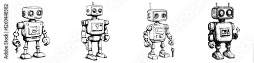 Robots of various designs standing together in a playful, cartoonish style, showcasing different features and expressions