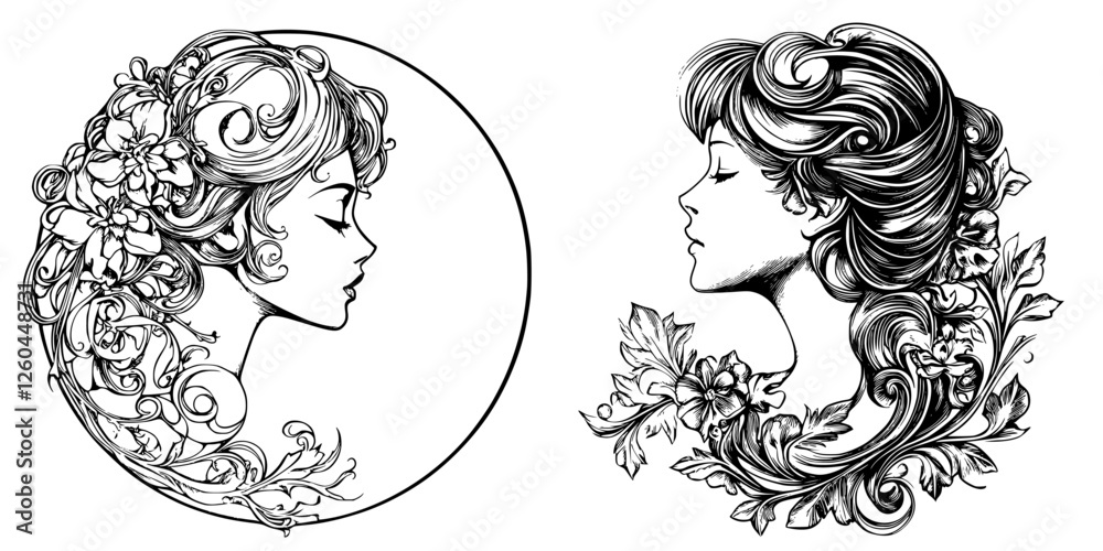 Fototapeta premium Elegant line art featuring two graceful women surrounded by floral designs in vintage style