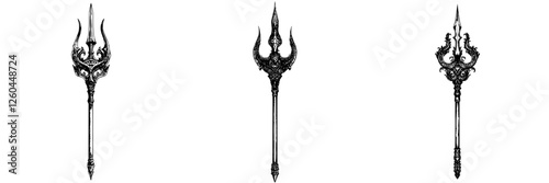 Detailed depiction of ornate tridents against a plain background showcasing their unique designs and craftsmanship