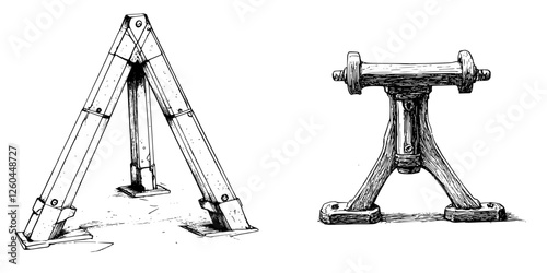 Wooden A-frame supports and a horizontal woodworking tool on a workbench