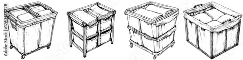 Sketch of laundry bins in a variety of styles sitting on wheels for easy movement in a laundry room setting