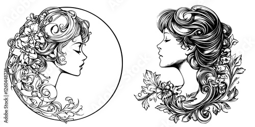 Elegant line art featuring two graceful women surrounded by floral designs in vintage style
