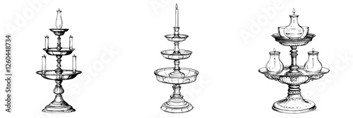 Collection of ornate candle holders displayed on a table showcasing intricate designs and details in a decorative arrangement