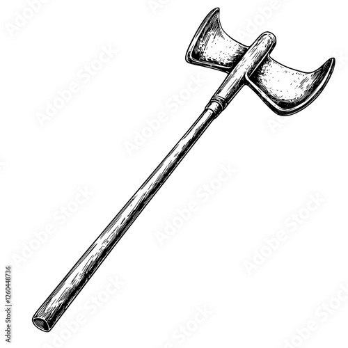 Double-headed axe resting on rough wooden surface with intricate details and craftsmanship shown