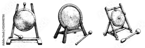 Various designs of traditional gongs displayed together in a black and white illustration
