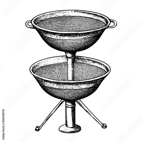 Detailed illustration of a vintage hand-held strainer in a kitchen setting