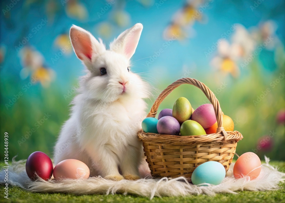 Spring's arrival: a cheerful bunny carries a vibrant basket of Easter eggs. Spring's arrival: a cheerful bunny carries a vibrant basket of Easter eggs.