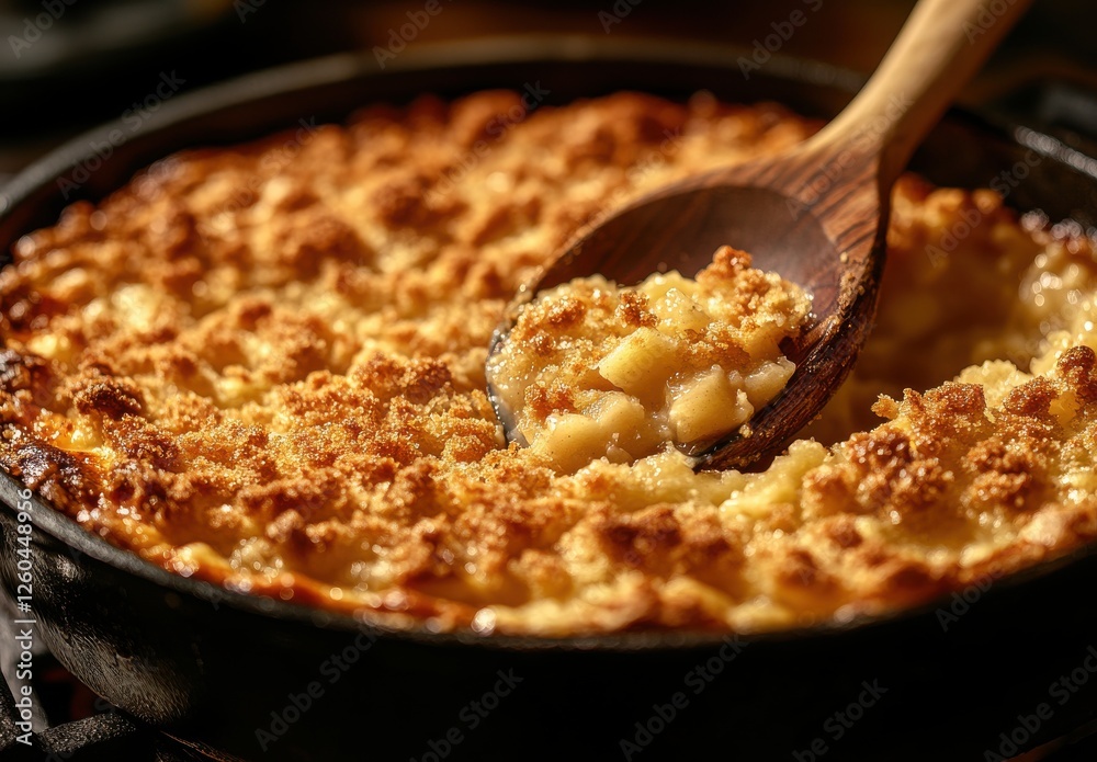 Warm and Comforting Apple Crisp in Cast Iron Skillet with Wooden Spoon Ready to Serve