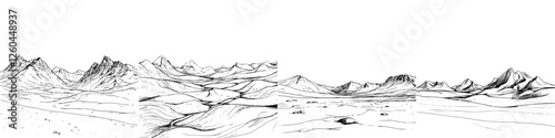 Mountain landscape with intricate detailing in a hand-drawn style capturing vast terrains at sunrise