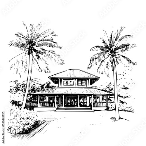 Drawing of a tropical house surrounded by palm trees in a serene landscape