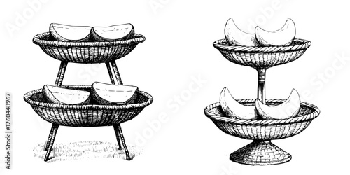 Two intricately designed fruit stands displaying melons in a rustic setting