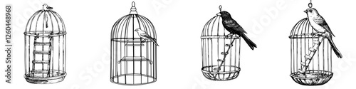 Illustrations of vintage birdcages featuring various birds in different poses and settings through a detailed and artistic lens