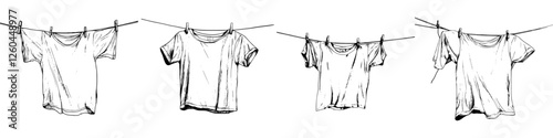T-shirts hanging on a clothesline in a sunny outdoor setting during a warm summer day