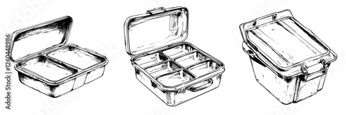 Lunch boxes displayed with different compartments and designs for carrying food and meals conveniently