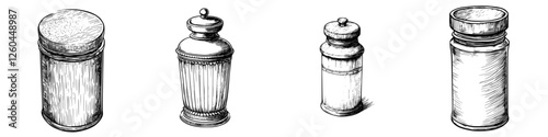 Collection of vintage spice jars arranged on a plain background showcasing unique designs and textures in a kitchen setting