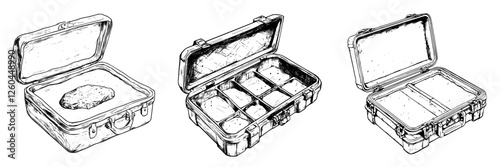Detailed illustration of three box designs showcasing different compartments and a rock resting inside the first box
