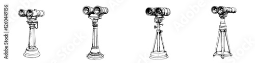 Collection of vintage binoculars on display in a museum setting showcasing the evolution of early optical devices