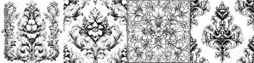 Intricate black and white floral patterns showcasing detailed designs and historical elegance for wall decoration