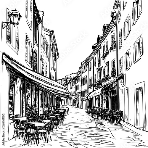 Charming narrow street with outdoor seating in a picturesque town during daylight