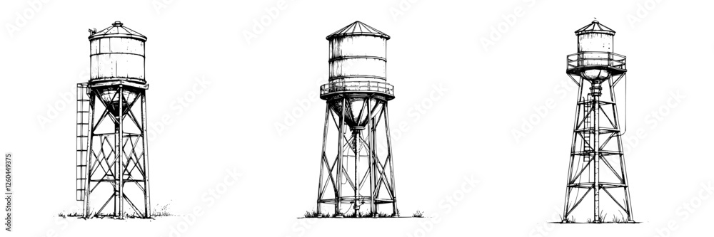 Illustration of three distinct water towers showcasing unique designs and structures in a simple monochrome style