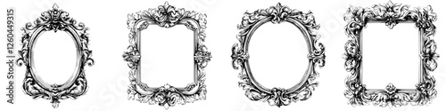 Ornate vintage frames in various shapes showcasing intricate designs for art display or decoration