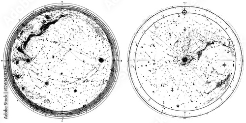 Celestial maps depicting constellations and stars in detailed black and white illustrations