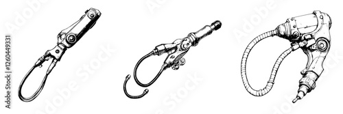 Detailed sketches of various industrial tools showcasing precision engineering and innovation